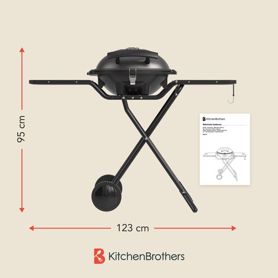 KitchenBrothers Elektrische BBQ - Opvouwbaar - Barbecue met Wielen - Anti-aanbaklaag - Zijtafels - tot 250°C - 2400W - Zwart