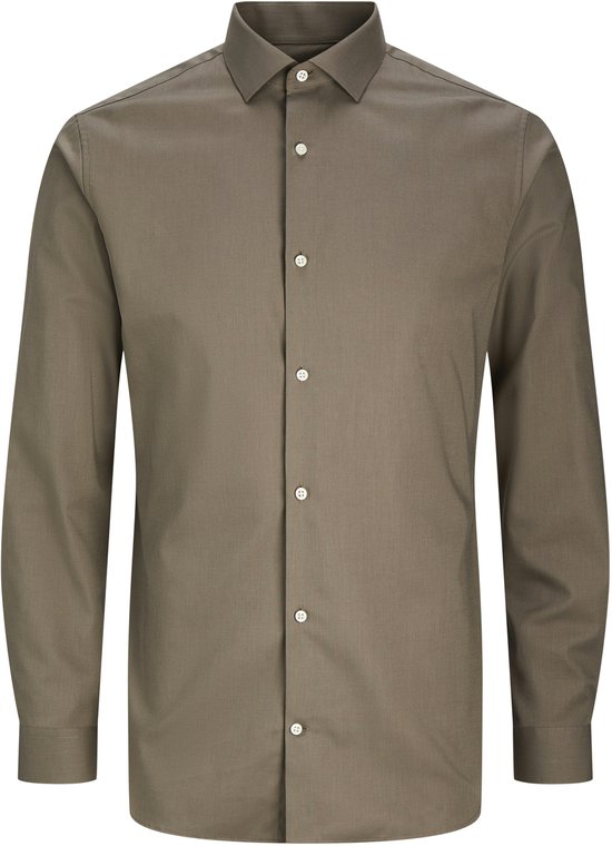 Bruin slim fit overhemd met knoopsluiting en lange mouwen.