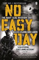 Boekomslag 'No Easy Day' met een Navy SEAL, een helikopter en de tekst 'NO EASY DAY KILLED OSAMA BIN LADEN'.