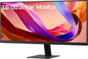 Zwarte LG UltraWide monitor op een zwarte standaard. Scherm toont abstracte kleuren.