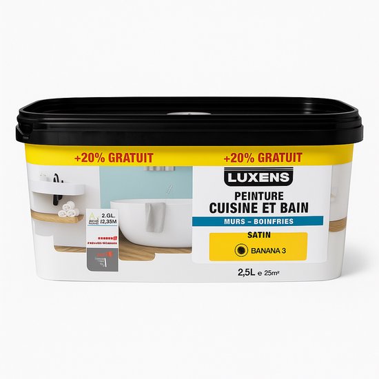 Peinture Cuisine & Salle de Bain Luxens – Banane 3 – Satinée – 2,5 L – À base d'eau – Intérieur – environ 25 m² – Jaune – Résistante à l'humidité