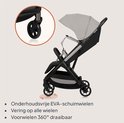 Grijze buggy met onderhoudsvrije EVA-schuimwielen, vering op alle wielen en voorwielen 360° draaibaar.