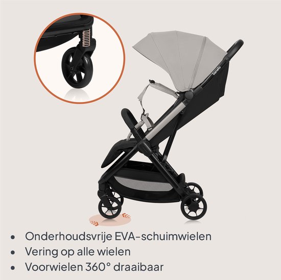 Grijze buggy met onderhoudsvrije EVA-schuimwielen, vering op alle wielen en voorwielen 360° draaibaar.