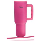 LYKKE® Thumbler, tasse de voyage isotherme triple couche en acier inoxydable avec couvercle anti-fuite, paille et poignée, sans BPA, 1,2 L, (ROSE VIF)
