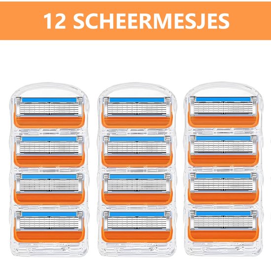 Twaalf oranje scheermesjes met blauwe en zilveren bladen, verpakt per drie in doorzichtig plastic.