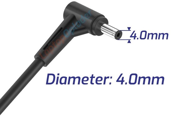 Detail van de ronde 4.0mm stekker van een oplader, met markering "Diameter: 4.0mm".