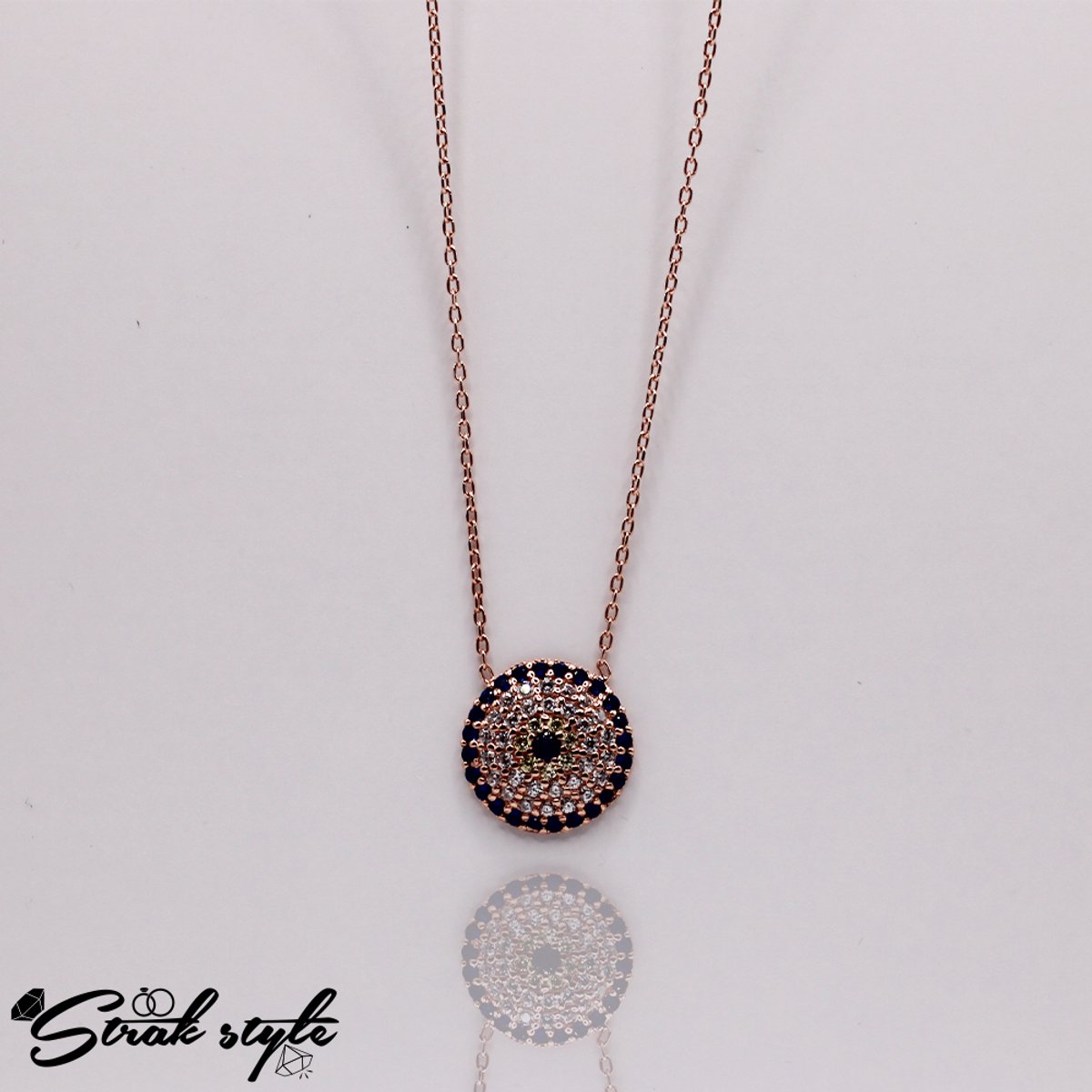 925 Sterling Zilveren Ketting met Zwarte Oogje Kraal en Zirkonia Steentjes Roségoud Beschermend Sieraad voor Dames