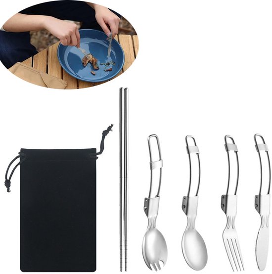 Foto: 6 stuks opvouwbare lepel opvouwbaar bestek eetstokjes mes vork en lepel picknickbestek draagbaar voor buiten picknick reizen en kamperen rvs