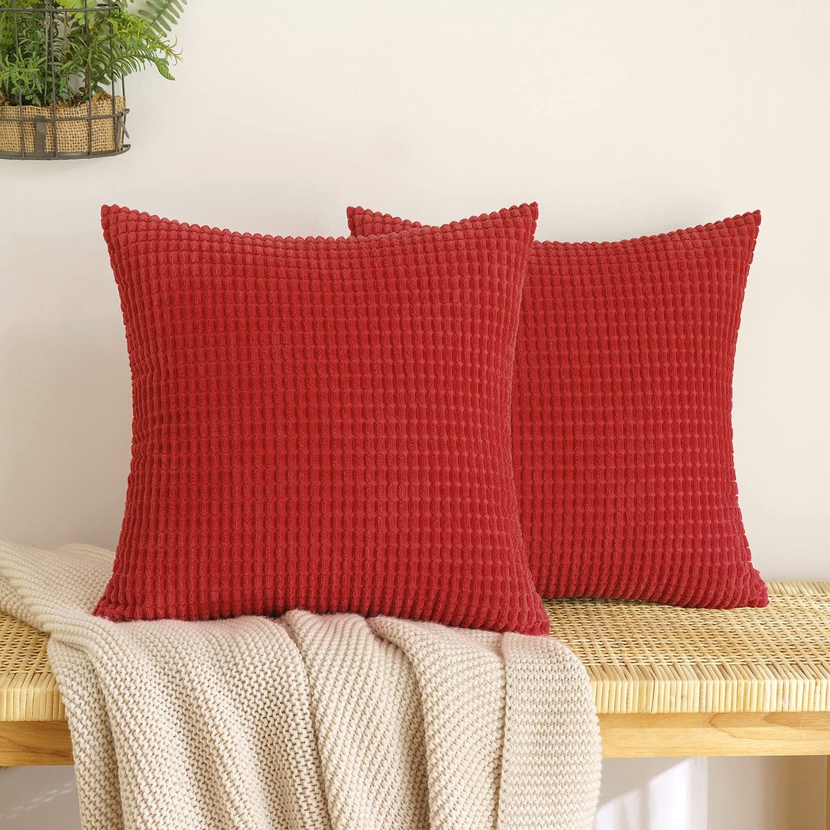 Ibenzoa Cordsfluwelen decoratieve kussenslopen set van 2 met verborgen ritssluiting, 40 x 40 cm, rood