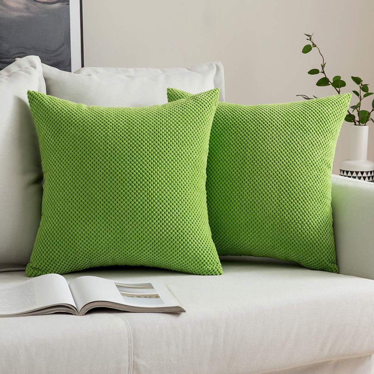 Ibenzoa Set van 2 Zachte Ribfluwelen Kussenovertrekken voor Bank of Slaapkamer, Vierkant en Decoratief appelgroen