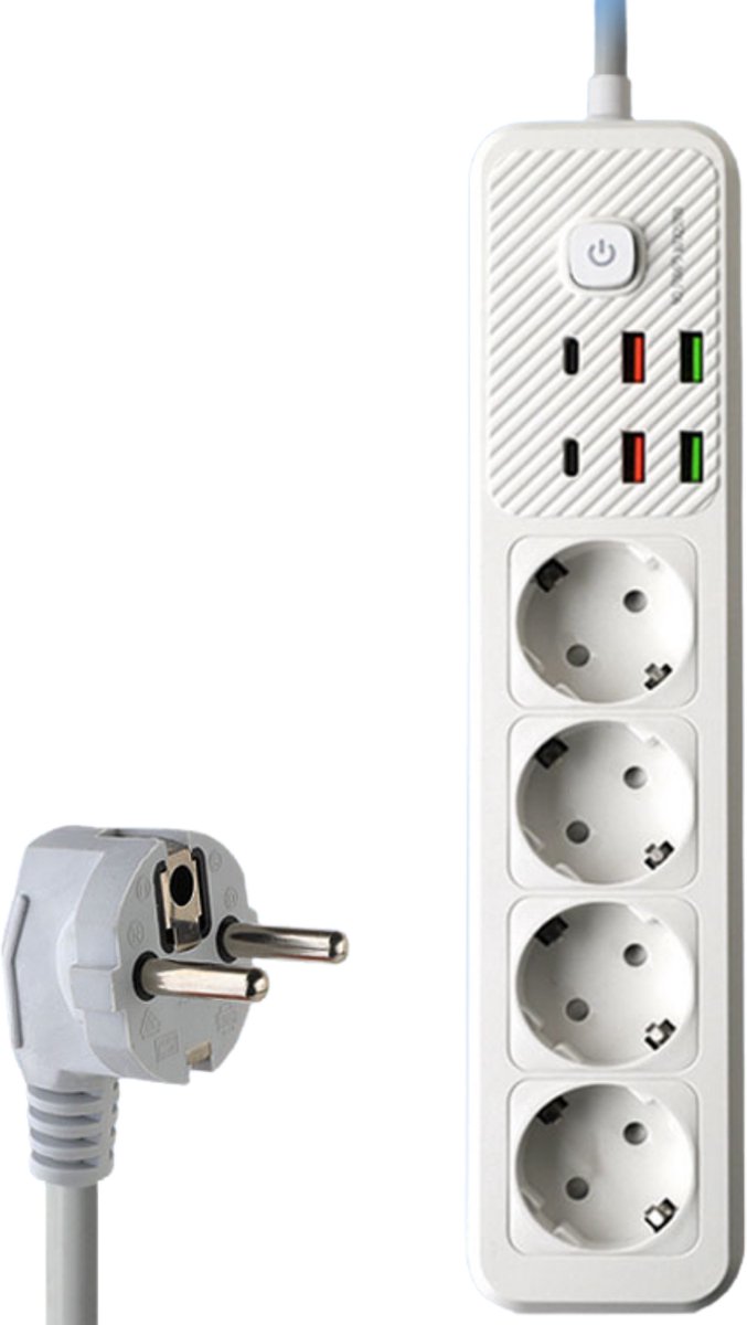 Oneproduct Stekkerdoos met USB & USB-C - Verdeelstekker met 4 Stopcontacten - 6 USB Poorten - 2500W - Wit