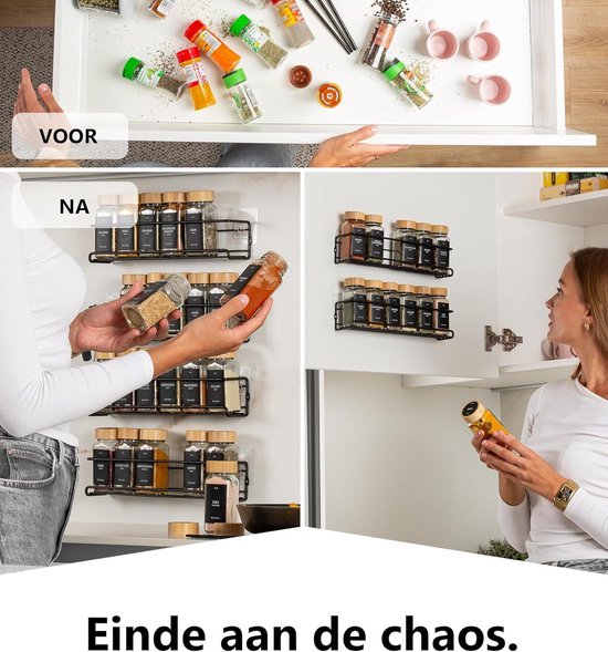 Spice rack without drilling with 24 Spice Jars - Black - 4-Piece Wall ...