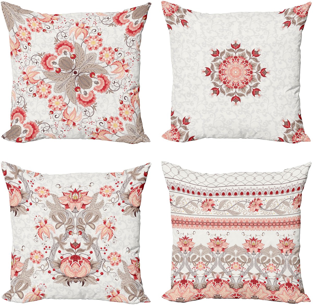New Bed Vintage Folkloristische Bloemen Lente Kunst Kussenhoes met sierkussen, 4-pack, modern accent, dubbelzijdig digitaal bedrukt, 40 cm x 40 cm Tan Zalm en Vermiljoen