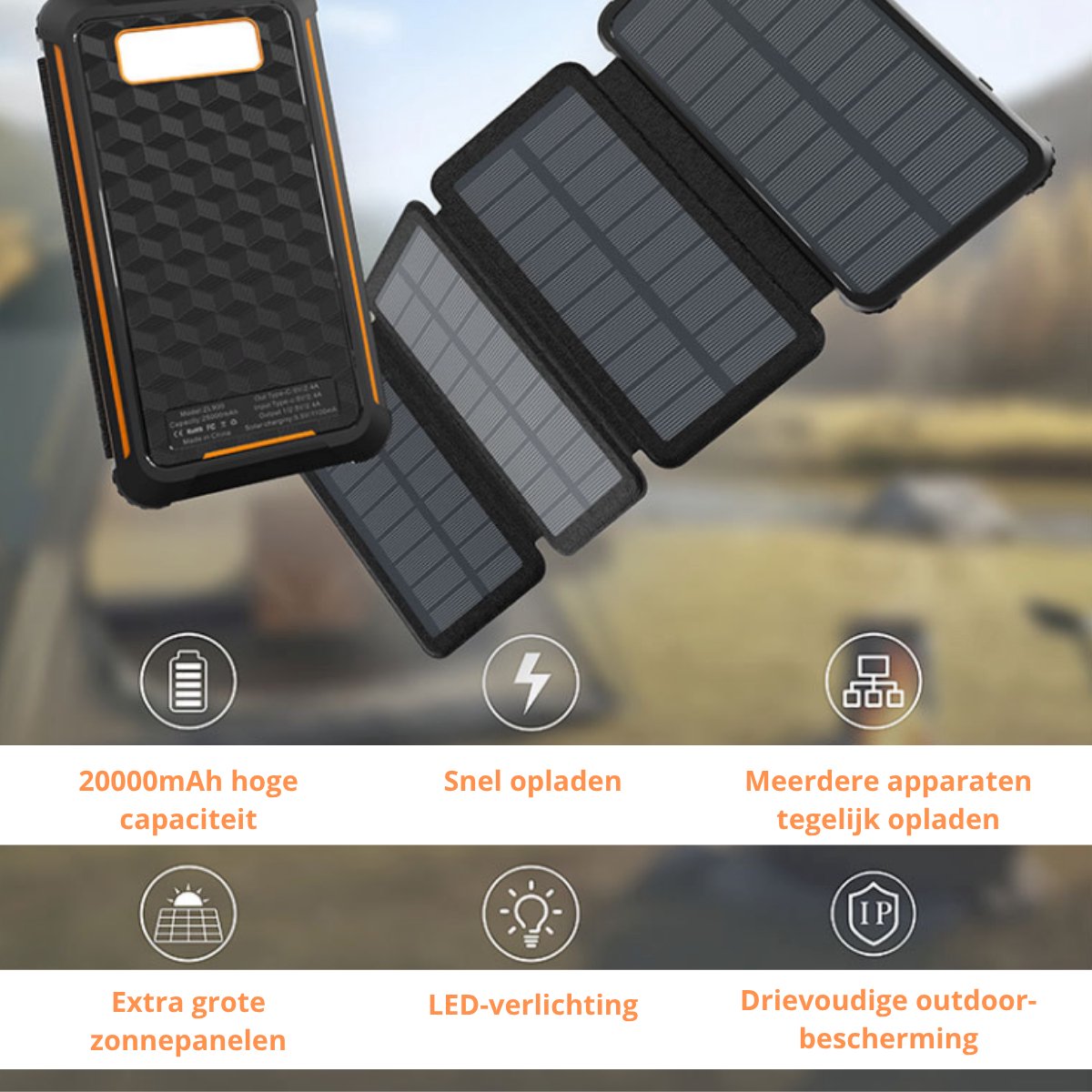 Solar Powerbank 20.000mAh Zwart/Grijs Waterdicht - afbeelding 2