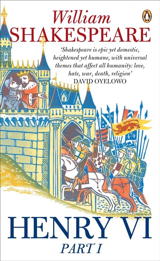 Boek "William Shakespeare HENRY VI PART I" met een illustratie van een kasteel, soldaten en ridders.