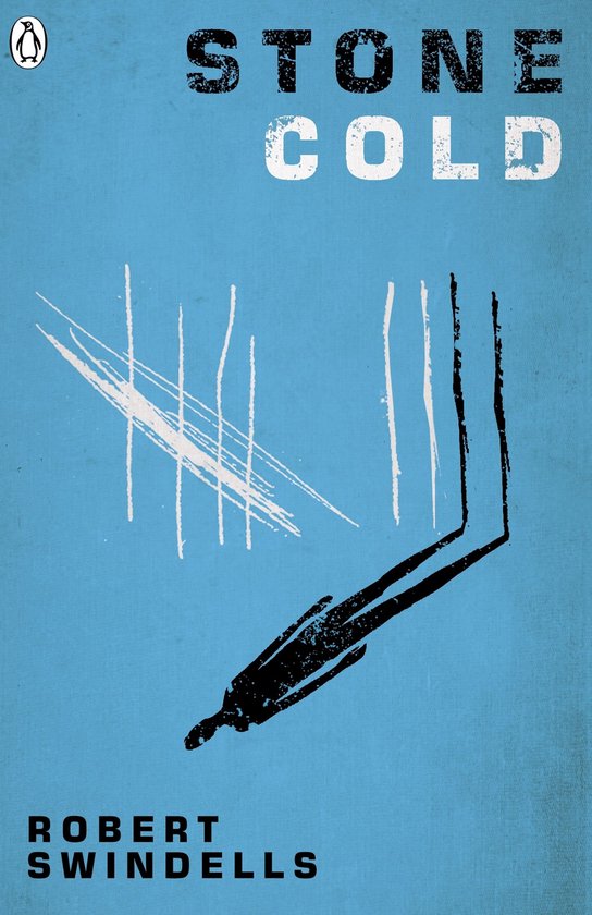 Couverture de livre avec le titre "STONE COLD" et le nom "ROBERT SWINDELLS". Une série de cinq rayures blanches et trois rayures séparées avec une ombre.