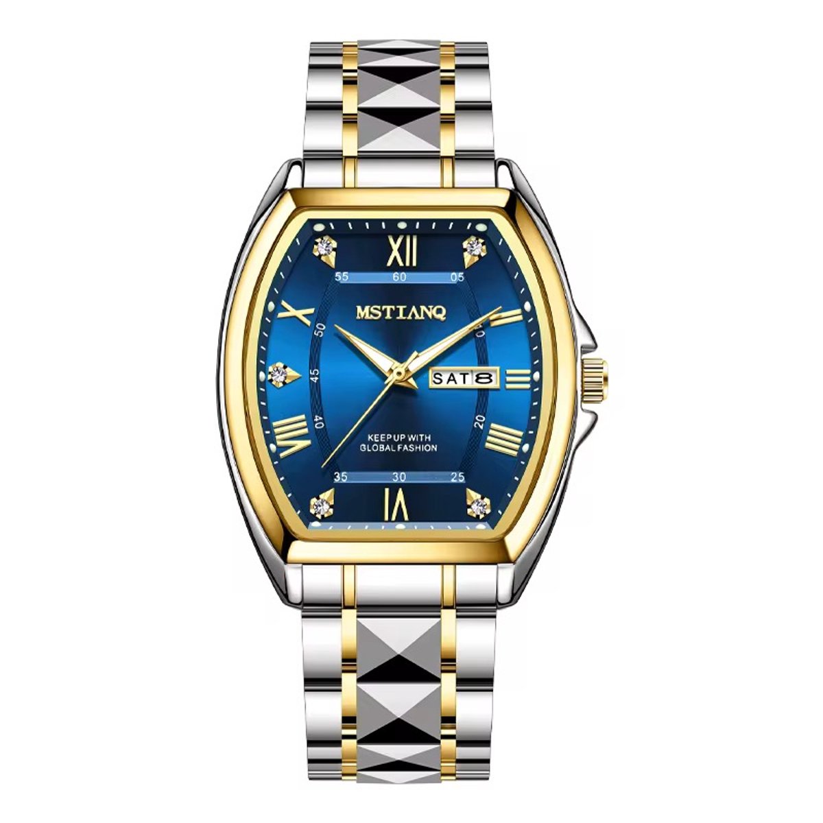 Selevie Horologe Geneva - Zilver-goudkleurige schakelband met donkerblauwe wijzerplaat - herenhorloge - luxe en comfort - rechthoekige wijzerplaat