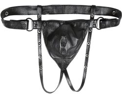 LekkerStout PU Lederen Jockstrap - Verstelbaar - Zwart - Sexy Herenlingerie - | S-L | ( LS095 )