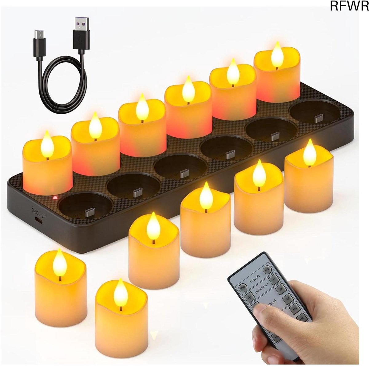 RFWR Vlamloze Oplaadbare Theelichtjes met Afstandsbediening en Timer – 12 Stuks LED Kaarsen voor Decoratie Warm Wit