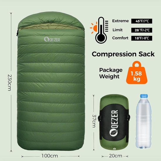 RFWR® Extra grote donsslaapzak 230x100 cm - 3-4 seizoenen, lichte en warme slaapzak voor outdoor en kamperen van Merkloos — afbeelding 2