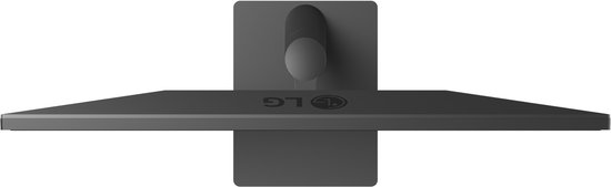 Bovenaanzicht van een zwarte LG monitor op een vierkante standaard met logo.