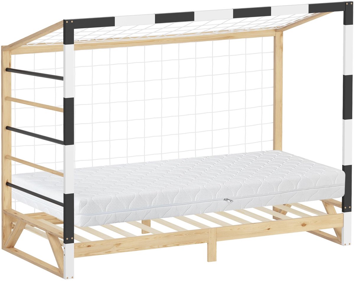 ML-Design | Kinderbed in de vorm van een voetbaldoel met matras, hoogte 16 cm, 90 x 200 cm, van massief grenenhout, houten bed met lattenbodem & doelnet, handbaldoel