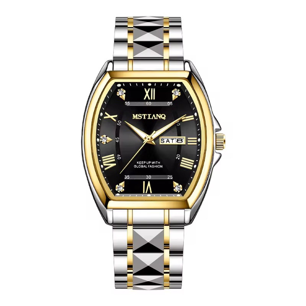 Selevie Horologe Geneva - Zilver-goudkleurige schakelband met zwarte wijzerplaat - herenhorloge - luxe en comfort - rechthoekige wijzerplaat