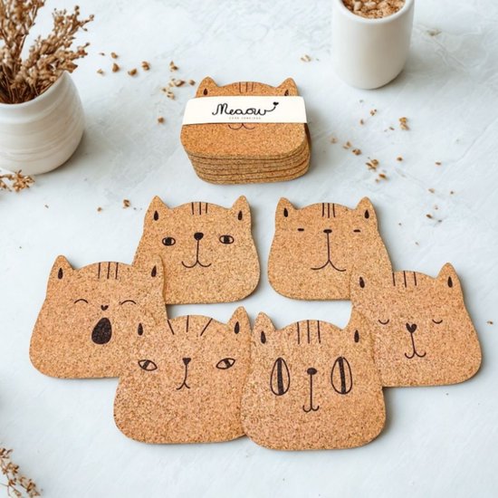 PepMelon Meaow – Lot de 6 sous-verres chat en liège de Premium , Ø 9 cm, faits main