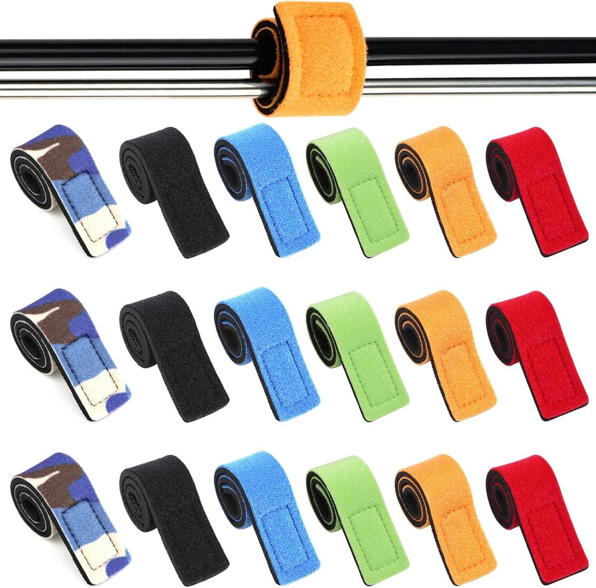 Allecto Plus - 18 stuks elastische hengelriemen voor vissen - verstelbare stropdas voor visserij - fixatiebanden accessoires (6 kleuren)