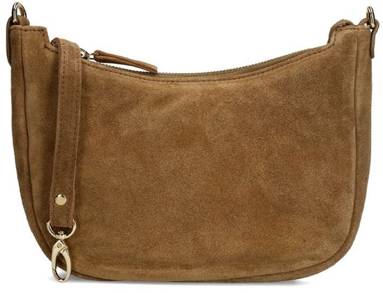 Manfield Taupe Suède Schoudertas Met Ritssluiting - Maat Onesize
