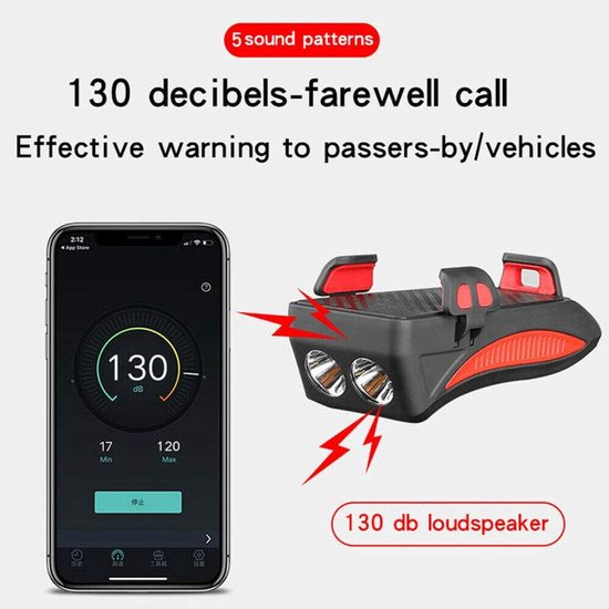 fietslamp - fiets verlichting - fietslamp voorlicht - 4-in-1 fietskoplamp - telefoonhouder - telefoonhouder fiets - telefoon houder - fietshoorn - USB oplaadbaar - 4000 mAh - universeel verstelbaar, schokabsorberend, waterdicht — afbeelding 2