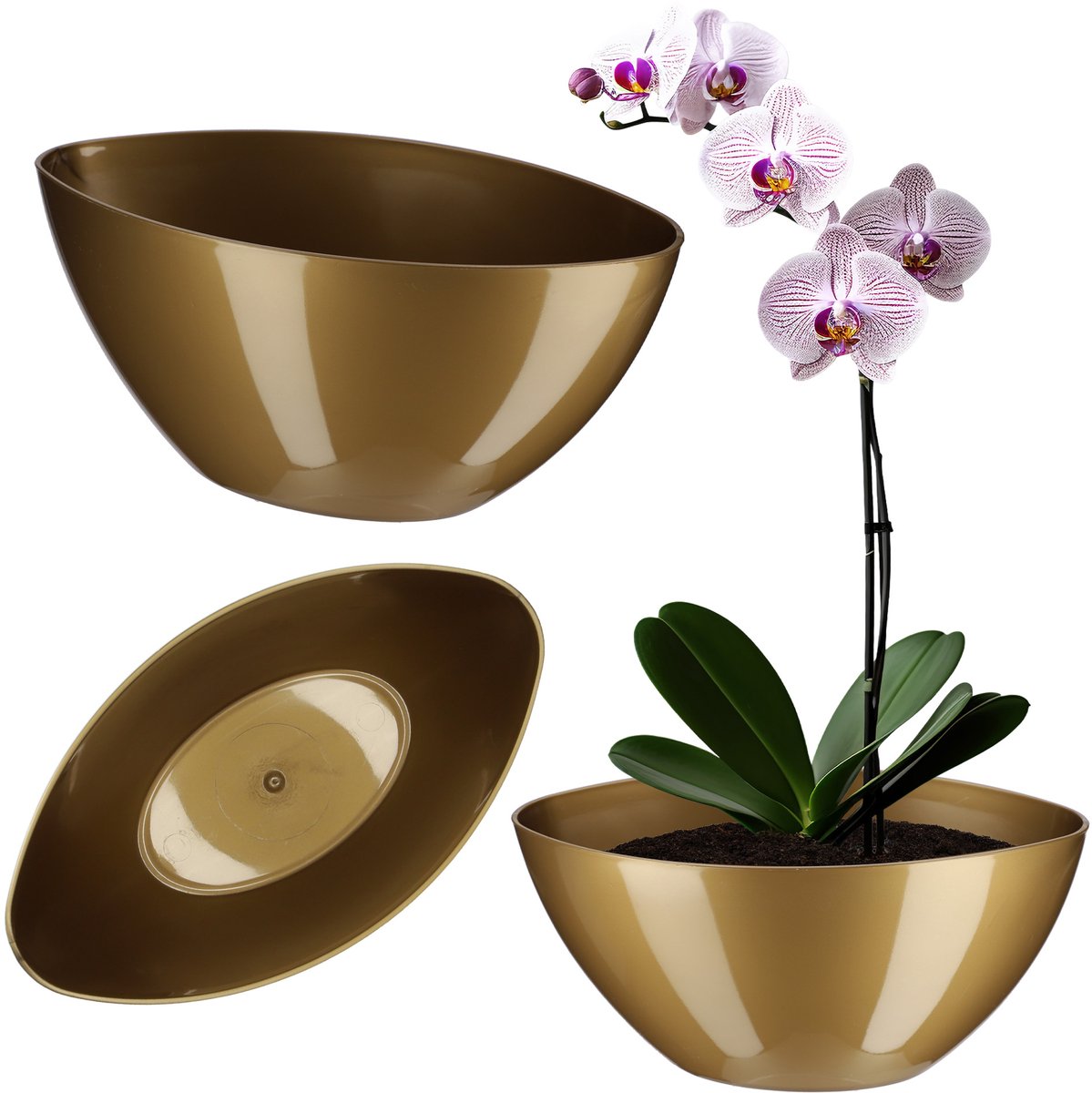 KADAX Bloempot, ovale bloempot, sierpot van kunststof, sierpot voor binnen, bloemen en planten, balkon, bloembak, moderne vorm, 21 x 12 cm, goud