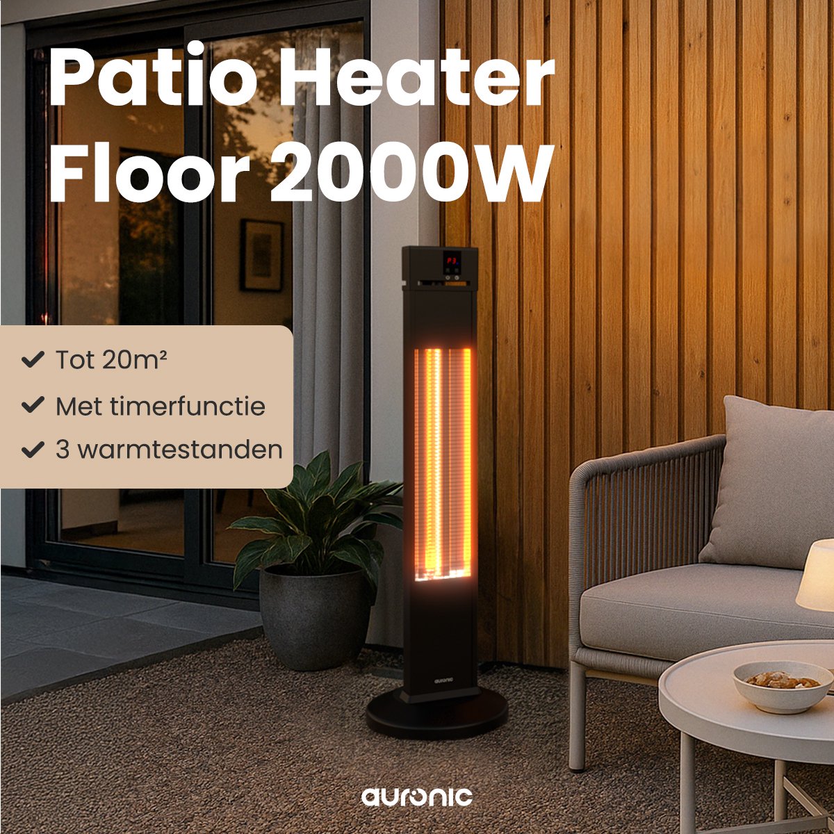 Auronic Terrasverwarmer - Infrarood Verwarming - Staand - 20m2 - Elektrische Heater - 2000W - Afstandsbediening - 3 Standen - Zwart – foto 2
