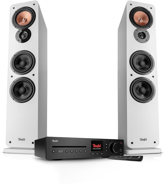 Complete witte stereo set: twee vloerstaande luidsprekers en een zwarte cd-receiver.