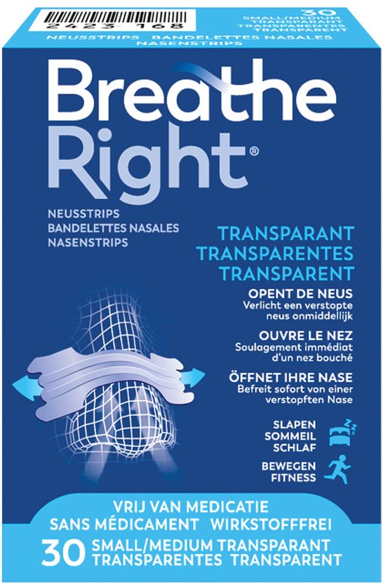 Breathe Right Anti Snurk Neusstrips - Neusspreider - Anti Snurk Neuspleisters - Gevoelige Huid - Small/Medium 30 stuks - Transparant - Goede Nachtrust - Huidvriendelijk - Ideaal bij Verkoudheid en Allergieën