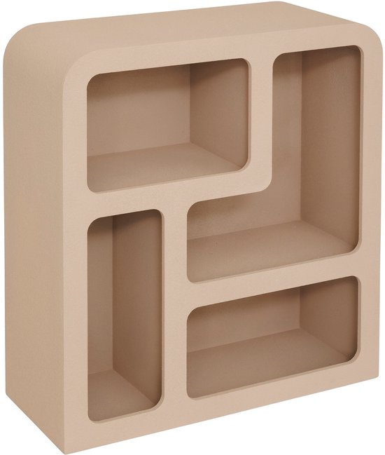 Beige kast met 4 open vakken in verschillende maten, afgeronde hoeken.