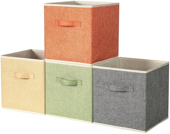 Set de 4 Boîtes de rangement en Tissus - Couleurs Mix - 100 % lin - 27 x 27 x 28 cm