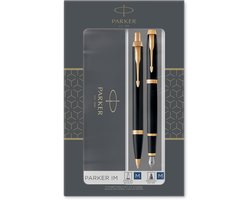 Parker IM Duo geschenkset met balpen en vulpen | glanzend zwart met gouden rand | blauwe inktvulling en -cartridge | cadeauverpakking