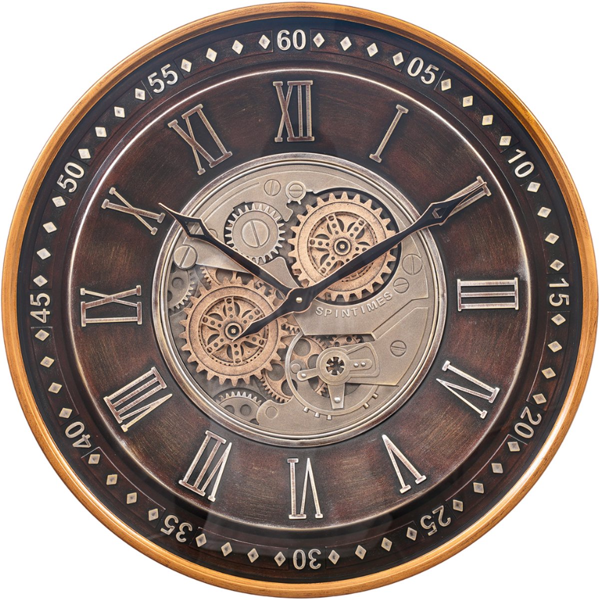 Fresco Wandklok Ø 60 cm – Vintage Koper – Bewegende Tandwielen – Klassiek Industrieel & Stil Uurwerk