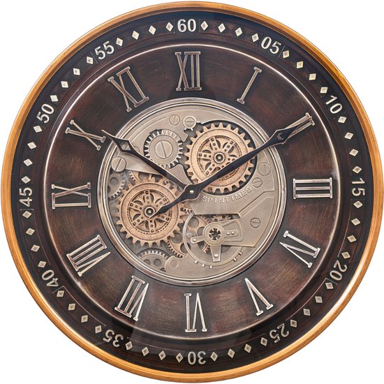 Fresco Wandklok Ø 60 cm – Vintage Koper – Bewegende Tandwielen – Klassiek Industrieel & Stil Uurwerk