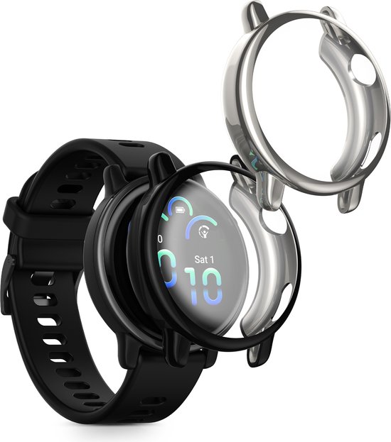 kwmobile Lot de 2 étuis pour montre connectée Garmin Vivoactive 6 (42 mm) / Active 6 - Étui de protection en Siliconen pour montre de sport - Noir/argenté