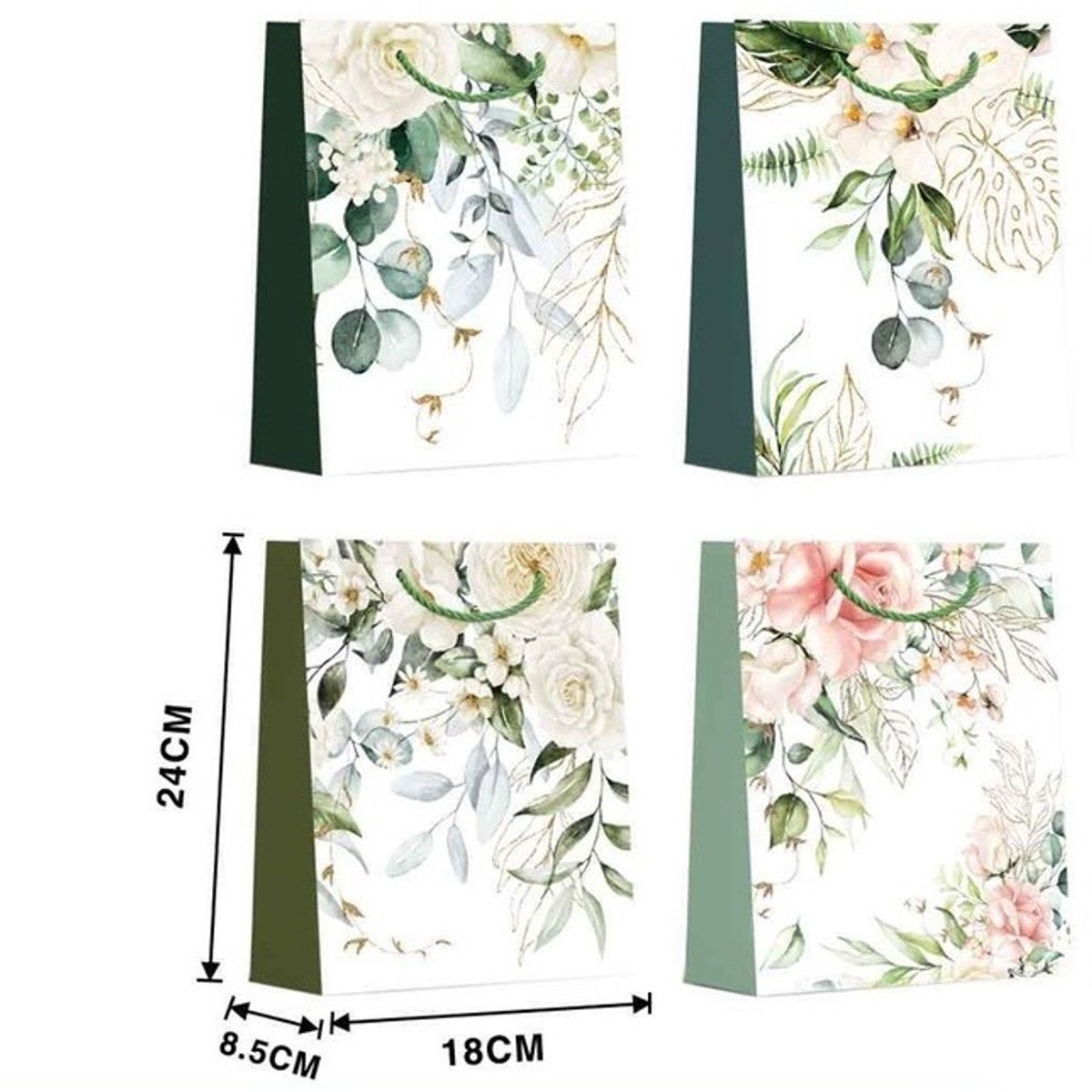 Set met 12 cadeautasjes - Roos - Rozen - Bloemen - Takken - Afmeting 24 x 18 x 8,5 cm. - Wit - Groen - Goud - Roze