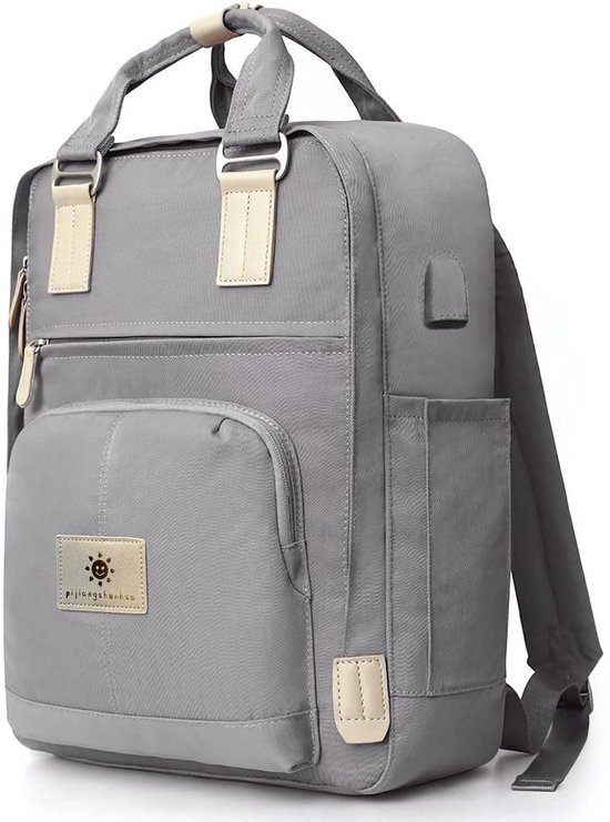 Grijze rugzak met beige accenten, een voorvak met logo en een comfortabel handvat.