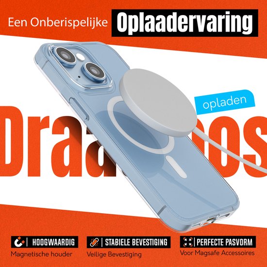 Doorzichtige blauwe hoes met magnetische MagSafe oplader, "Draadloos opladen" tekst.