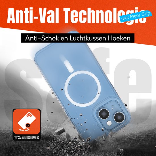 Doorzichtige blauwe hoes voor iPhone, "Anti-Val Technologie" tekst, telefoon valt op de grond met kiezels.