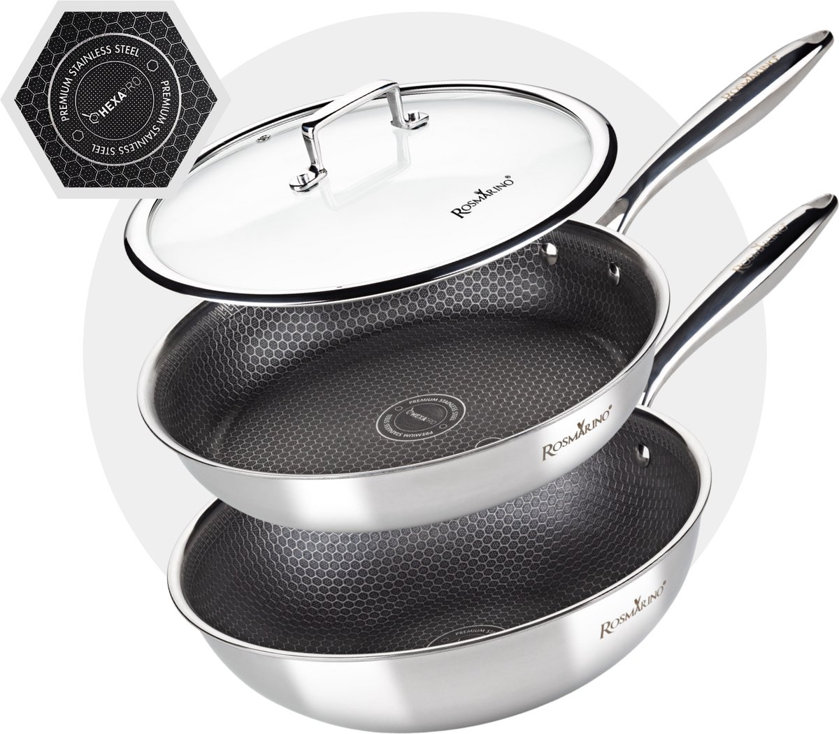 Rosmarino HexaPRO Pannenset 3delig - Pannen - Koekenpan 28 cm - Wokpan 28 cm - met glazen deksel - Geschikt voor alle warmtebronnen