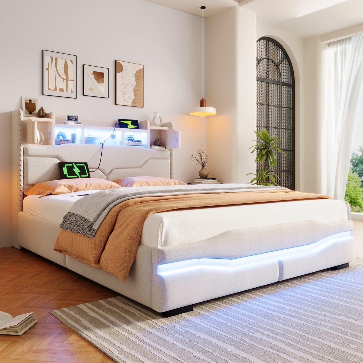 Gutent Gestoffeerd bed - 140x200 cm - met USB-oplaadcontact - sfeerverlichting - met opbergvak - hydraulisch opbergbed - Zonder matras - Beige