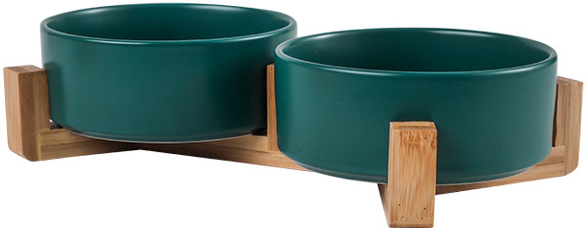 Verhoogde Keramische Voer-en Waterbak Set met Houten Standaard