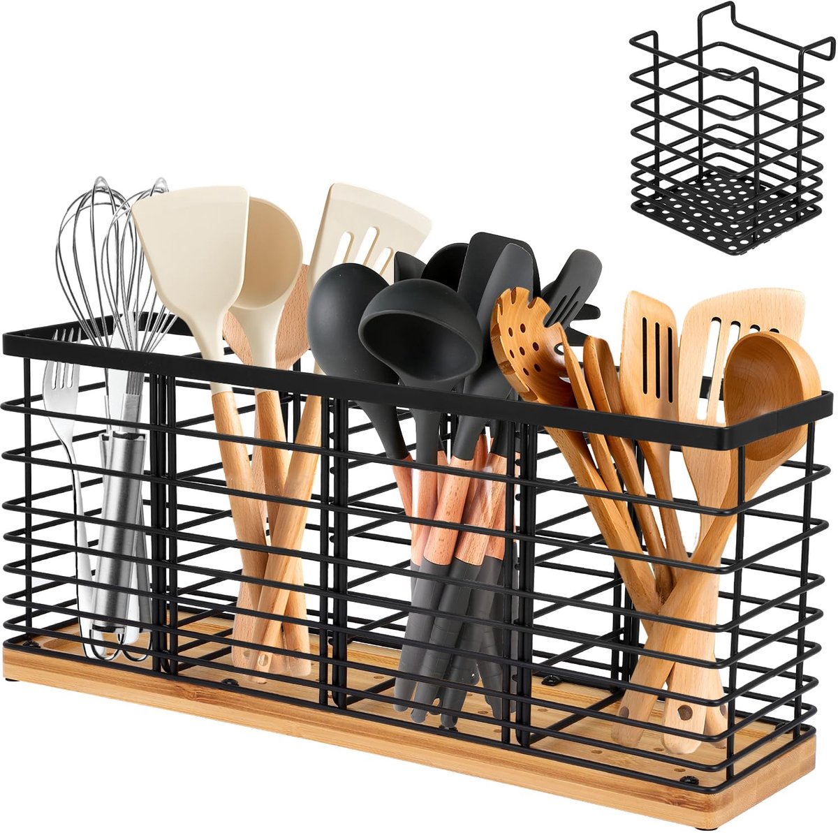 Ibenzoa® Roestvrijstalen keukengereihouder met houten basis en afneembare plank, 5 vakken, zwart