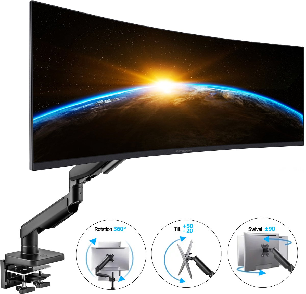 Ergo Monitorbeugel met gasveer voor Normaal en Curved schermen tot 49" en 20 kg - Monitor Arm for Black Ultra Wide Monitor 49'' - Kabel Management - Zwart - VESA 75x75 en 100x100 mm